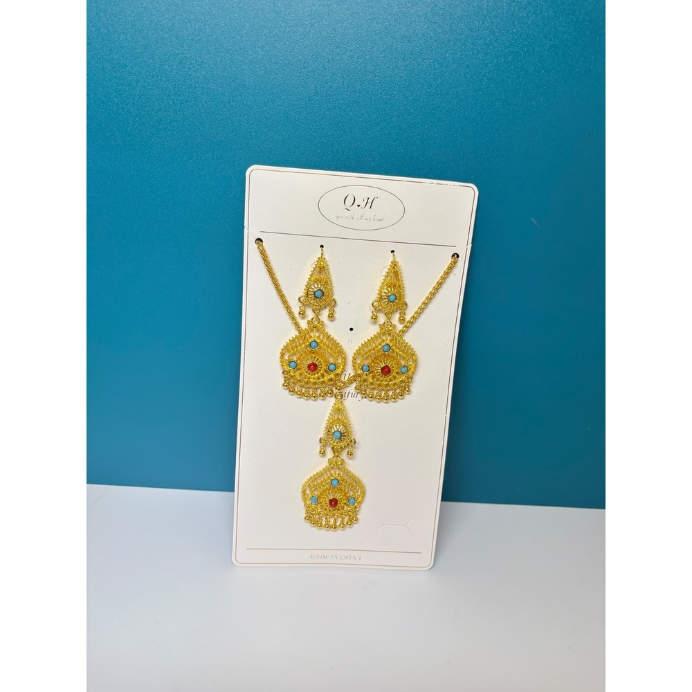 Q.H Gold Tone Filigree Jewelry Set Necklace and Dangle Earrings Turquoise Red
